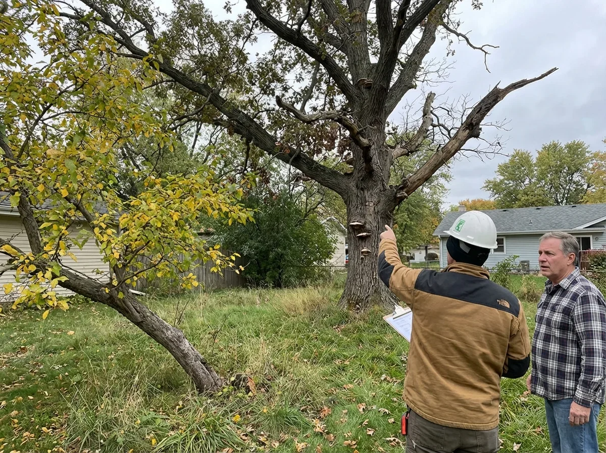 Stressed tree showing crown dieback, trunk damage, and leaf discoloration needs expert diagnosis