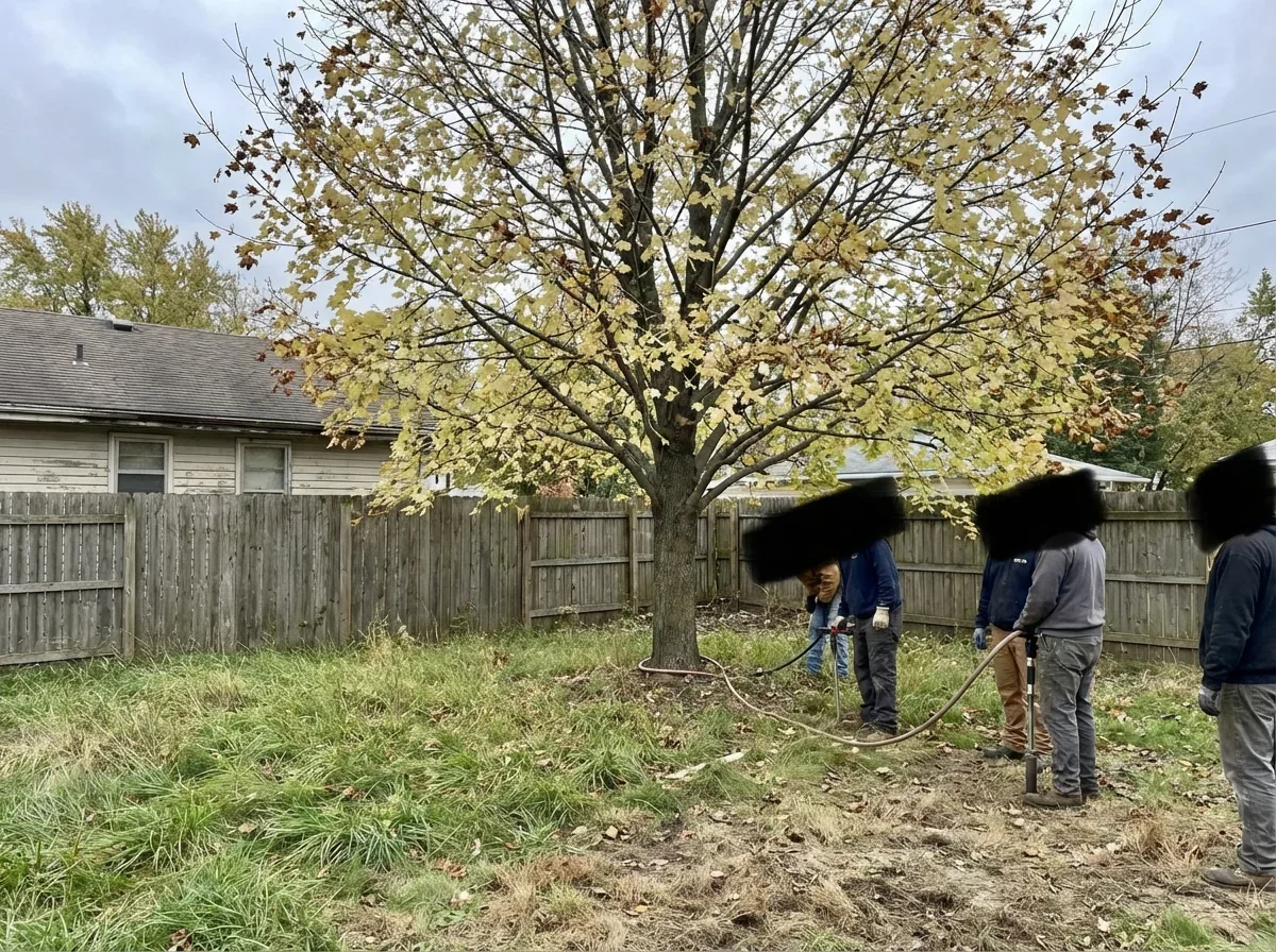 Deep Root Fertilization — tree with pale yellow leaves showing nutrient defi