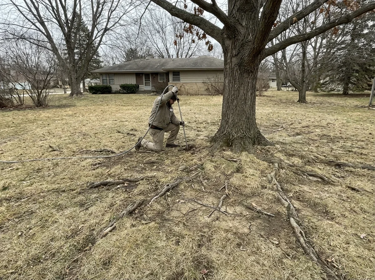Deep Root Fertilization — lawn with compacted soil and struggling tree roots