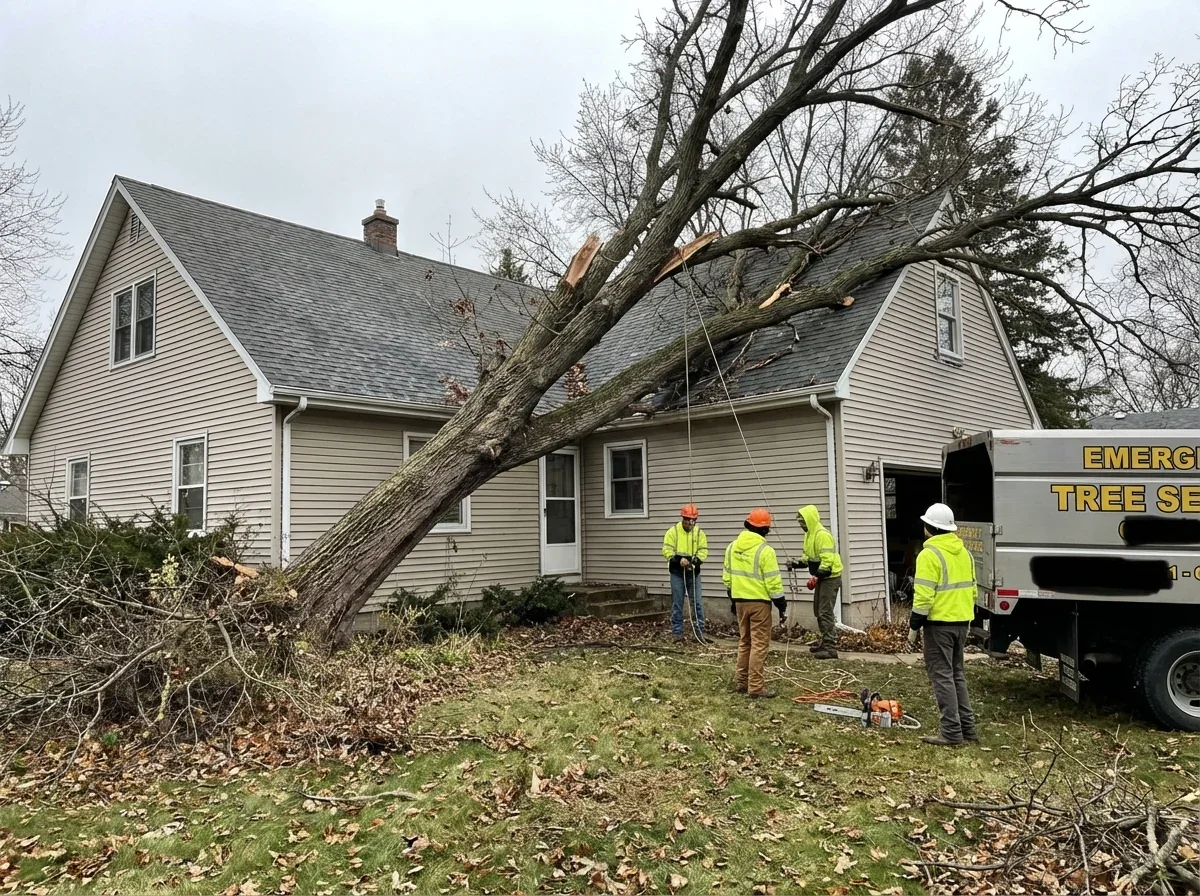 Emergency Tree Service — overgrown tree limbs pressing against roof and sid