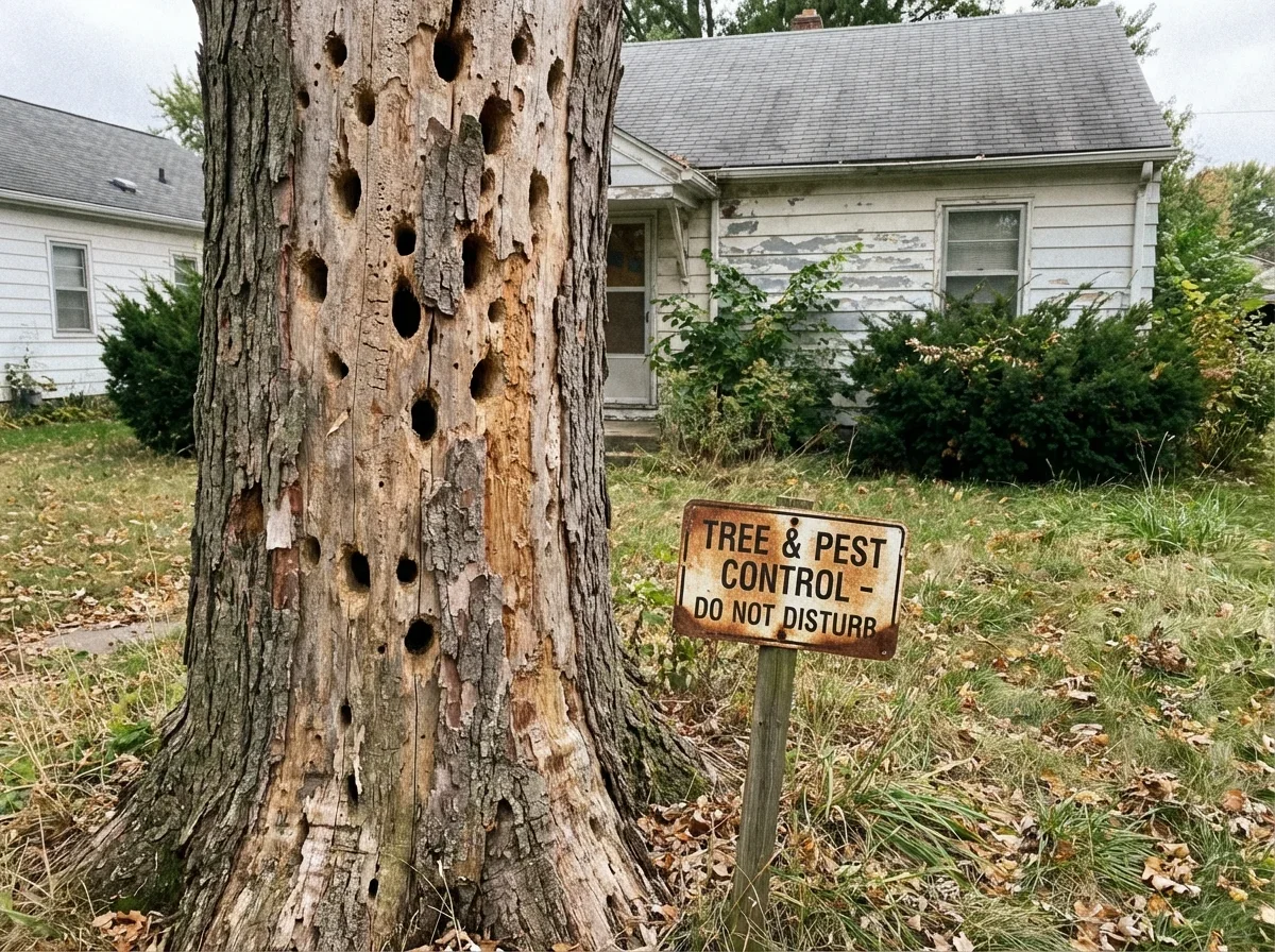 Insect & Pest Control — tree trunk riddled with woodpecker holes from bori