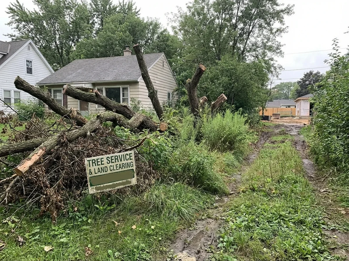 Lot & Land Clearing — dense undergrowth blocking access to a building si