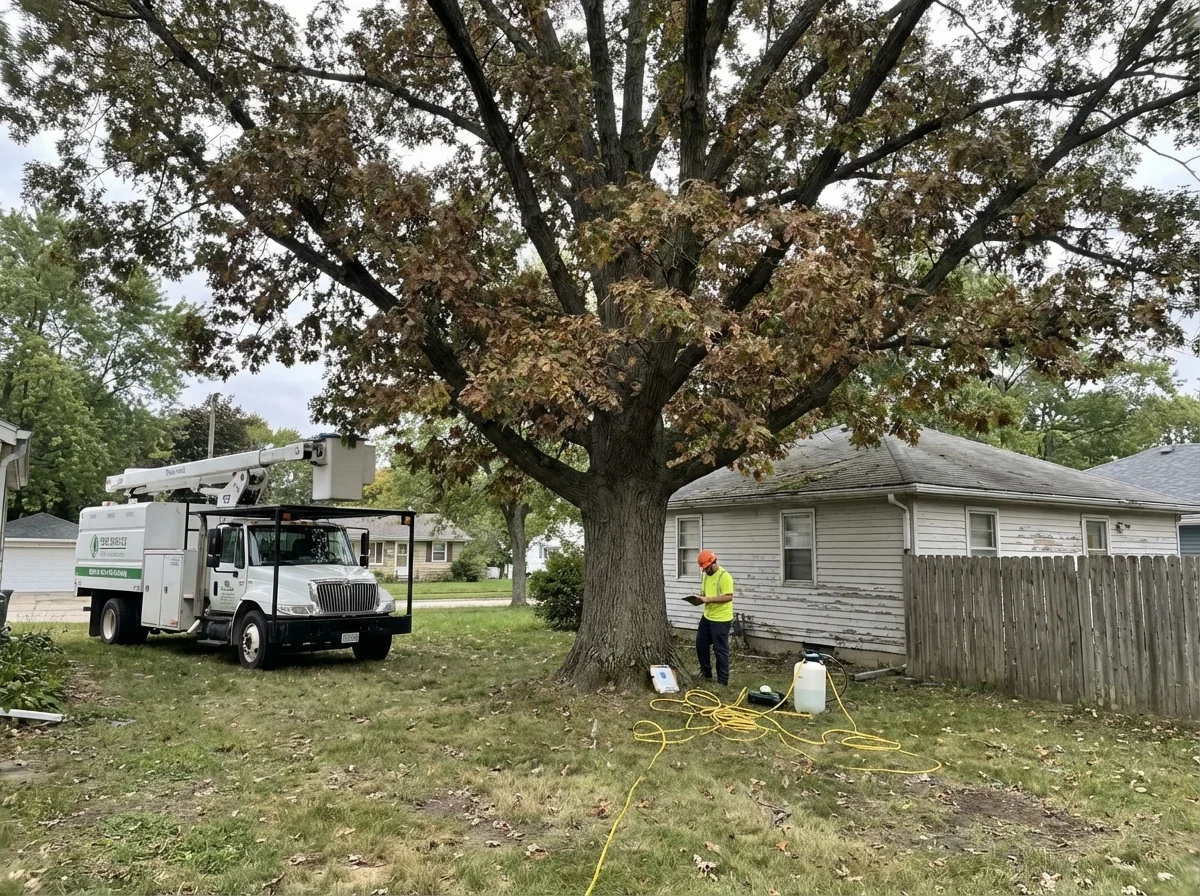 Oak Wilt Treatment — oak tree with wilting brown leaves from oak wilt d