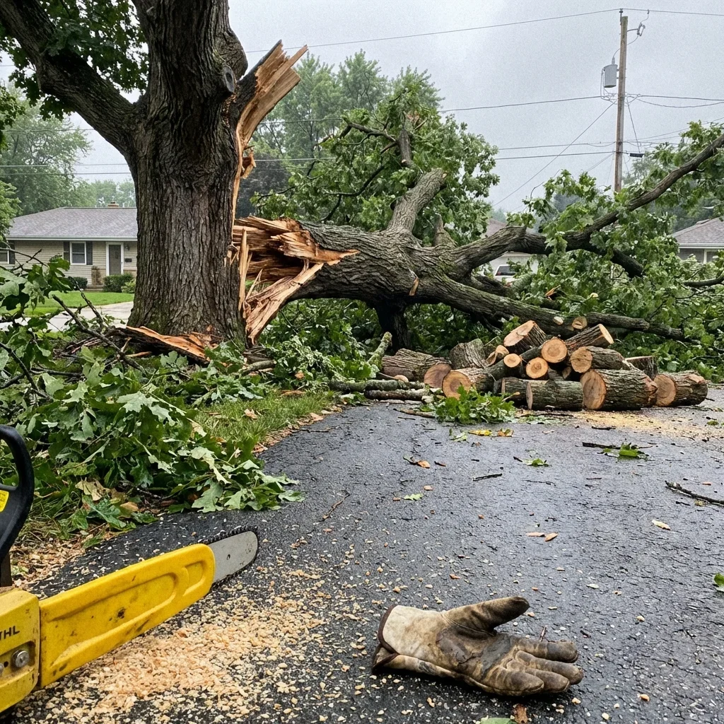 Storm Damage Cleanup — large tree fallen across a residential driveway af