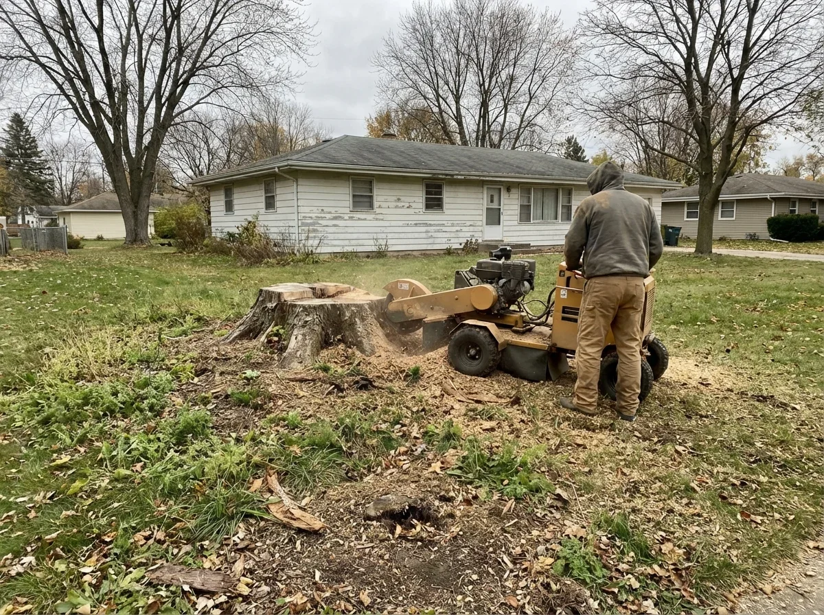 Stump Grinding — large stump in the middle of a lawn