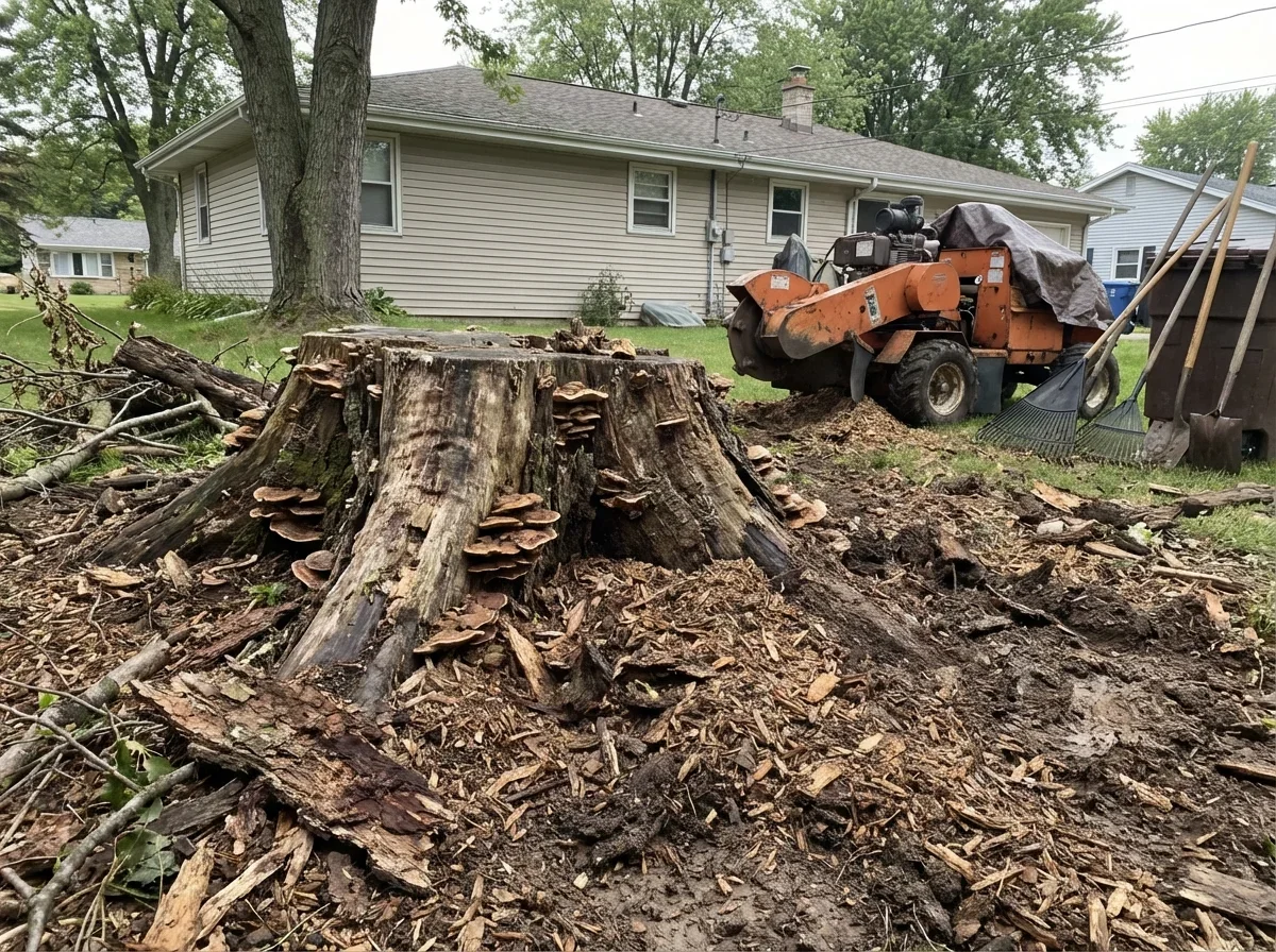 Stump Removal — old tree stump with mushrooms and decay
