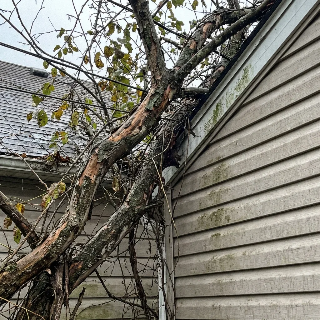 Tree Disease Treatment — overgrown tree limbs pressing against roof and sid