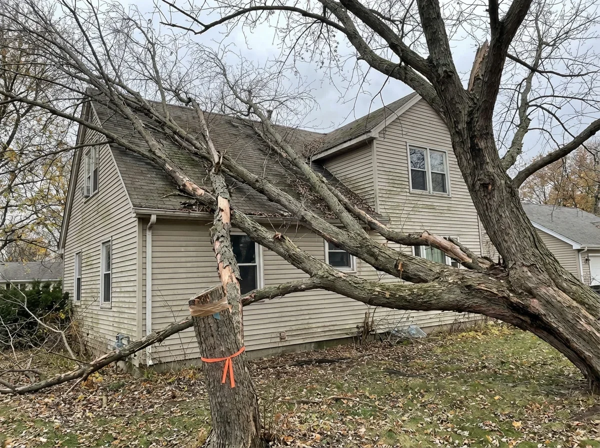 Tree Health Assessment — overgrown tree limbs pressing against roof and sid