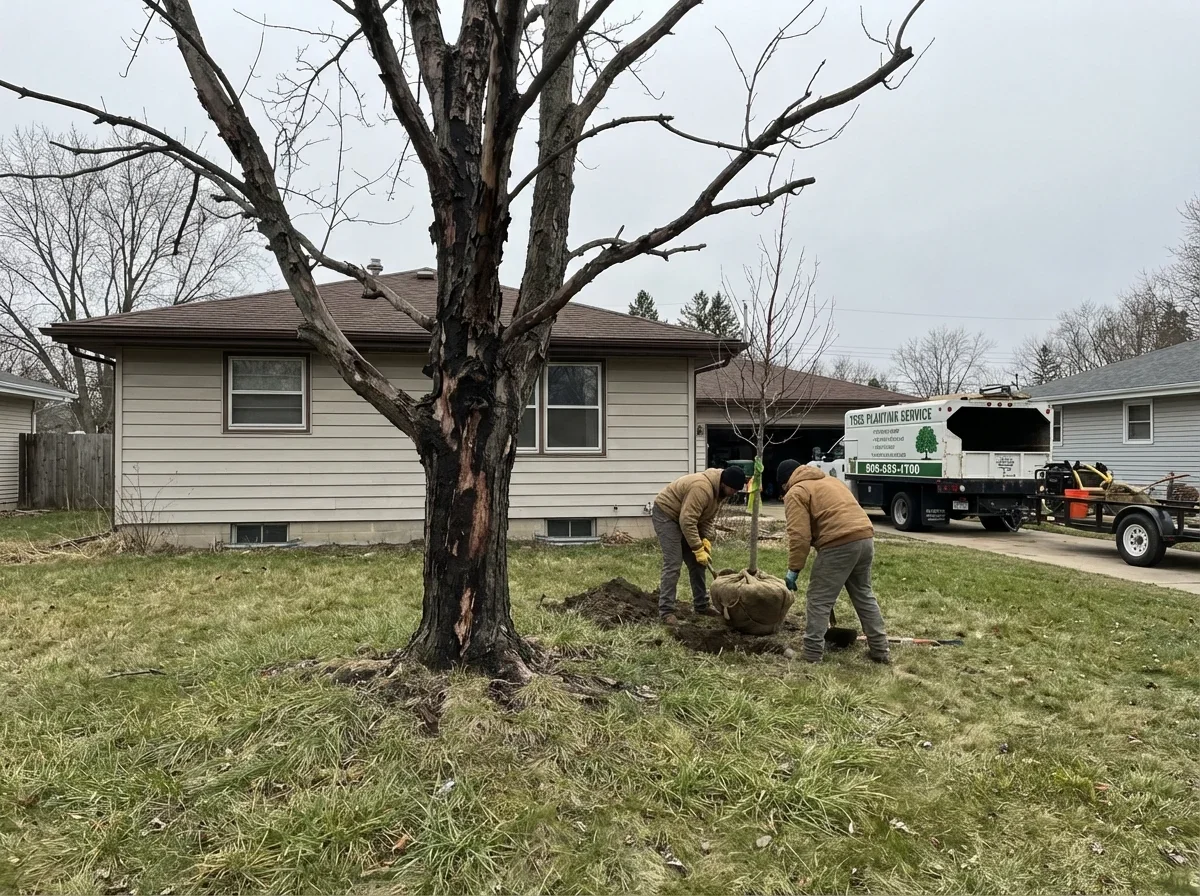 Tree Planting — dead tree with peeling bark and no leaves