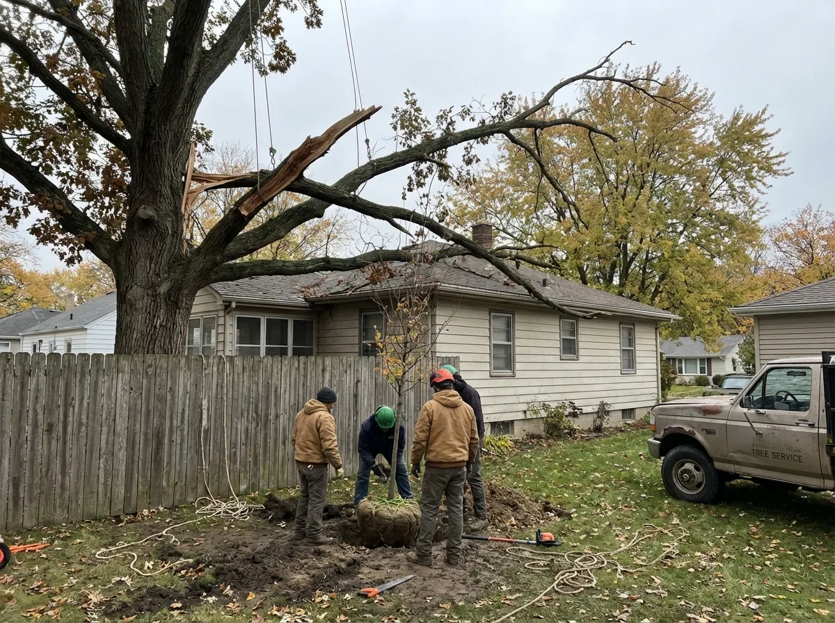 Tree Planting — storm-damaged tree with broken branches hanging