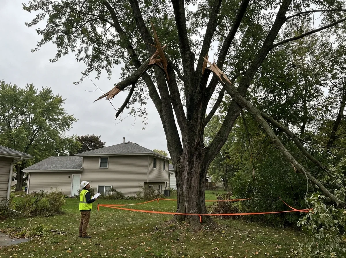 Tree Risk Assessment (TRAQ) — storm-damaged tree with broken branches hanging