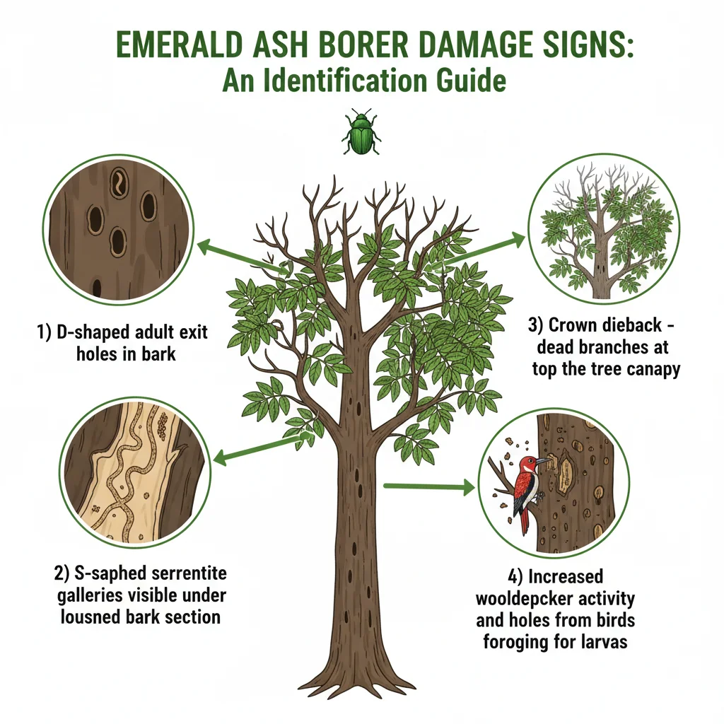 Emerald Ash Borer damage signs including D-shaped exit holes, crown dieback, and serpentine galleries