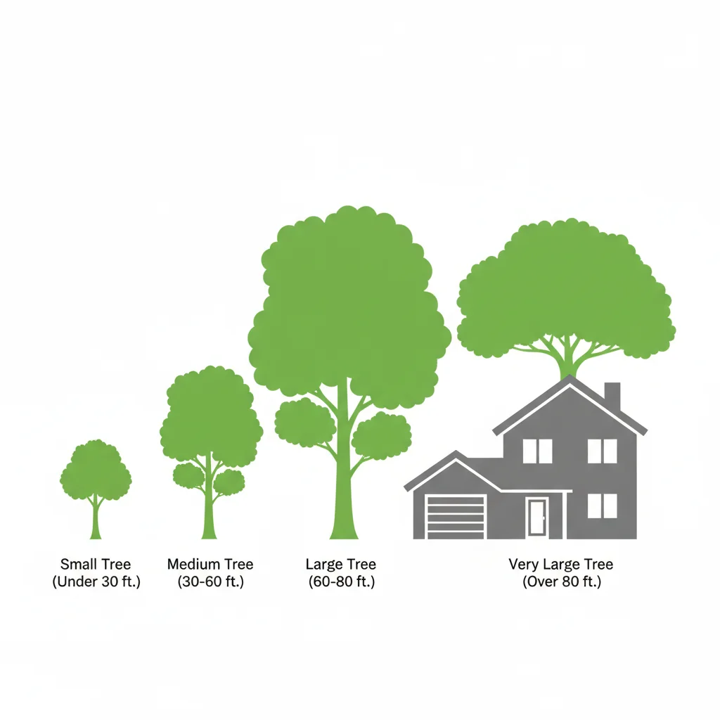 Tree size reference guide showing four trees at different heights next to a house for scale