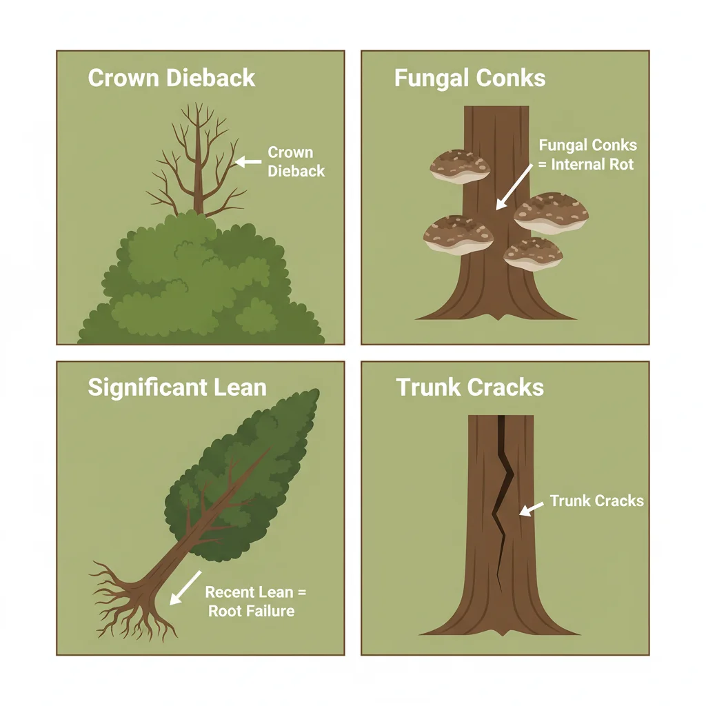 Tree warning signs guide showing crown dieback, fungal conks, significant lean, and trunk cracks